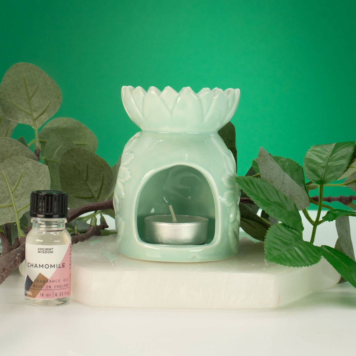 Ceramic Sunflower Oil Burner - Pastel Green