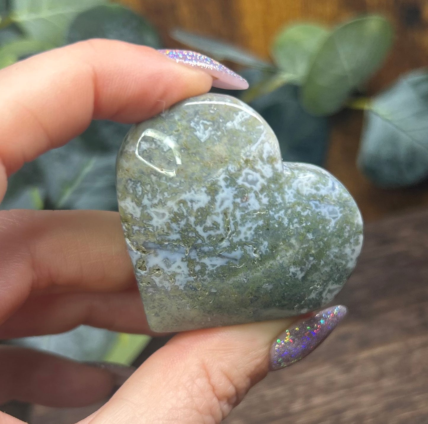 Moss Agate Heart Palm Blue / Green