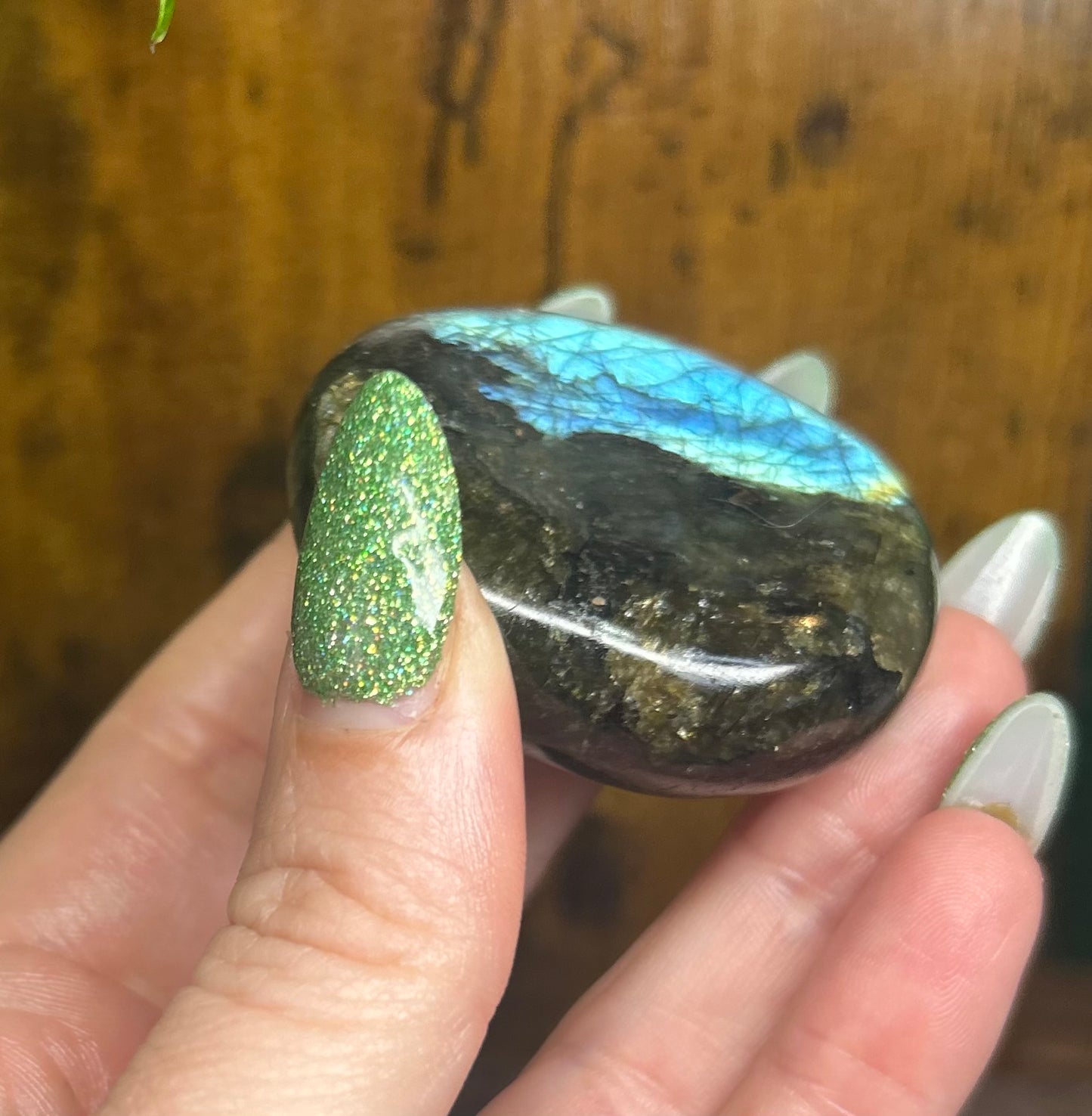 Labradorite Round Palm Stone With Blue/Green/Gold Flashes & Rainbows