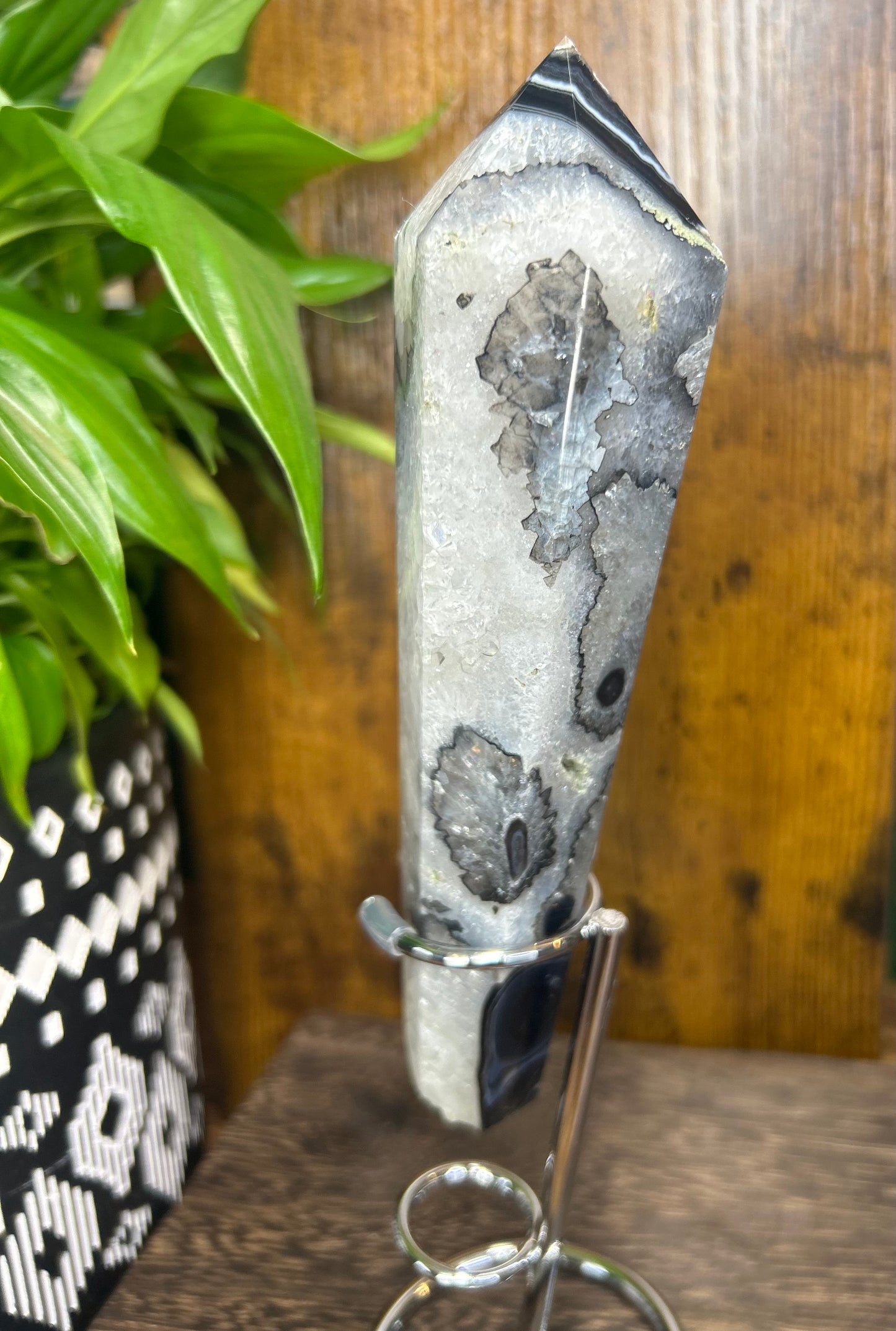 Black Agate Quartz Wand With Stand