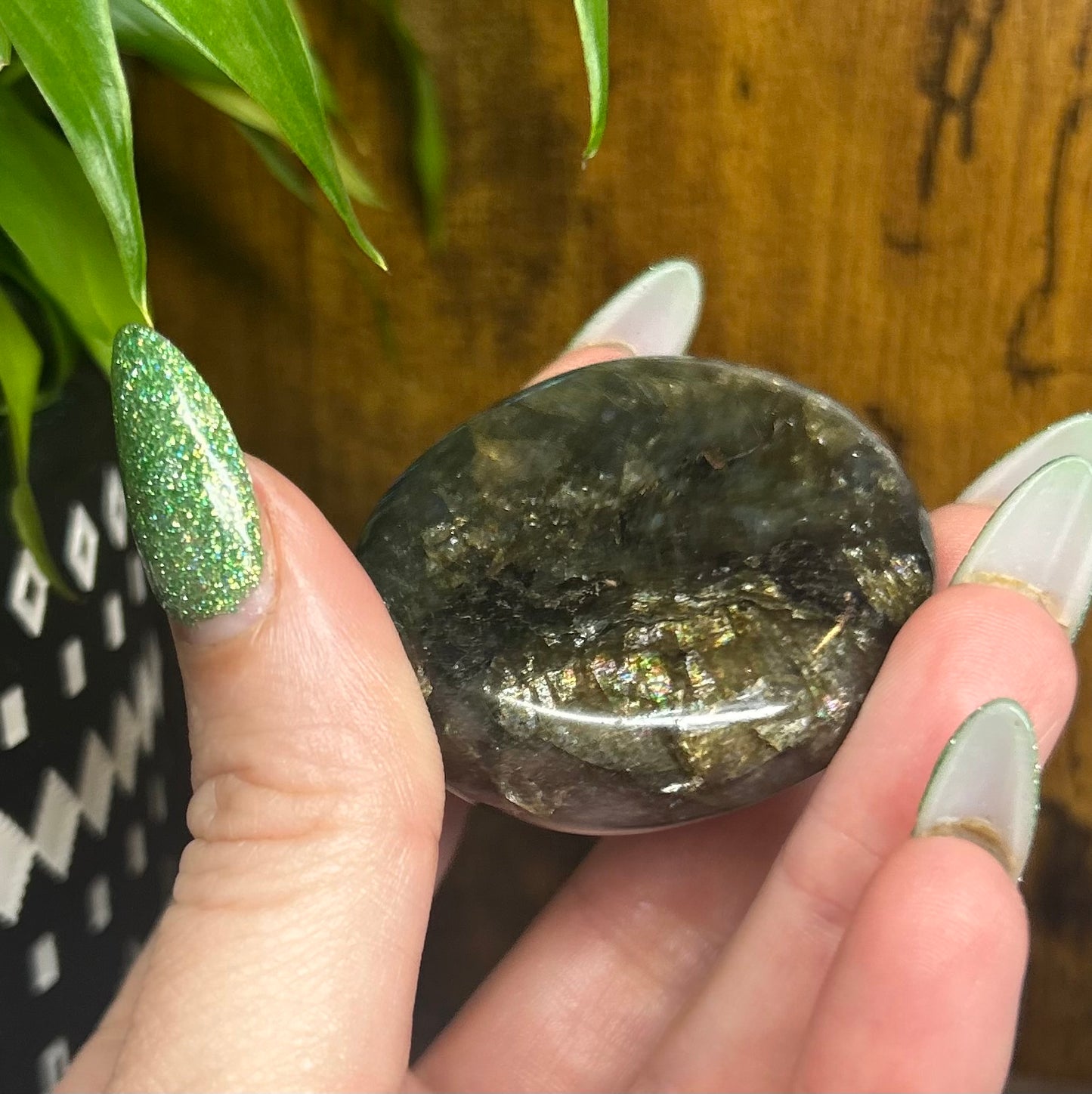 Labradorite Round Palm Stone With Blue/Green/Gold Flashes & Rainbows
