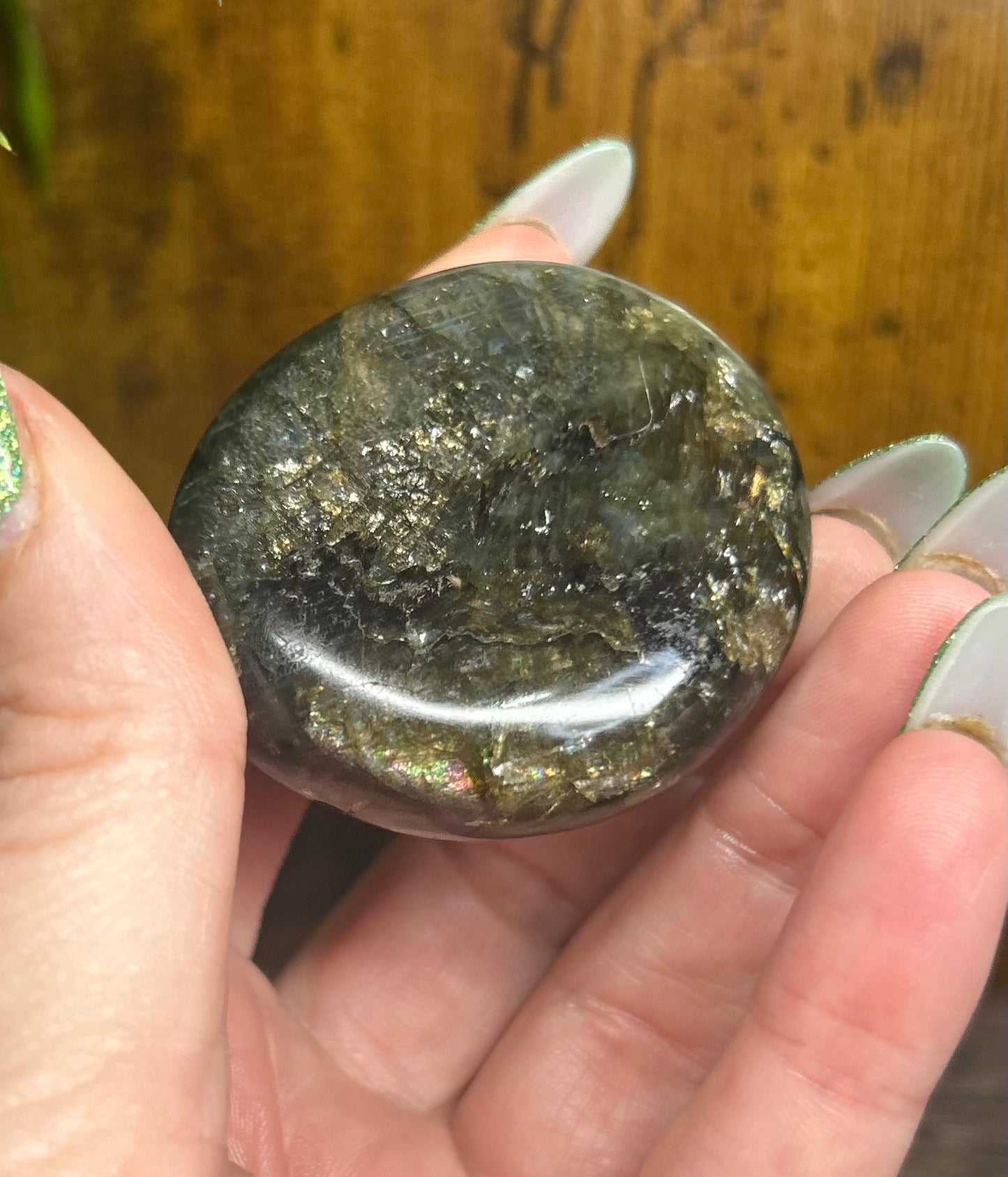 Labradorite Round Palm Stone With Blue/Green/Gold Flashes & Rainbows