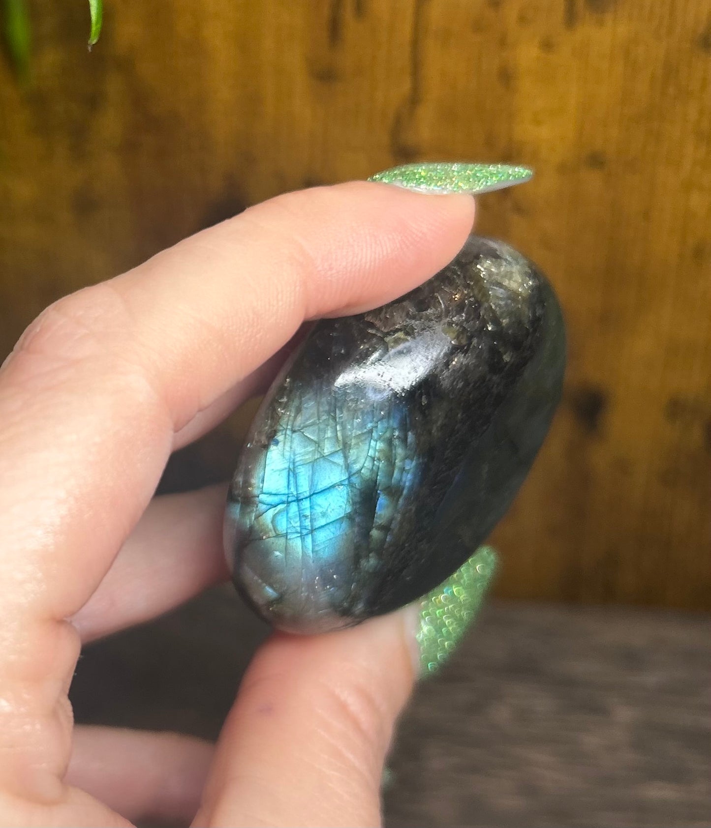 Labradorite Round Palm Stone With Blue/Green/Gold Flashes & Rainbows