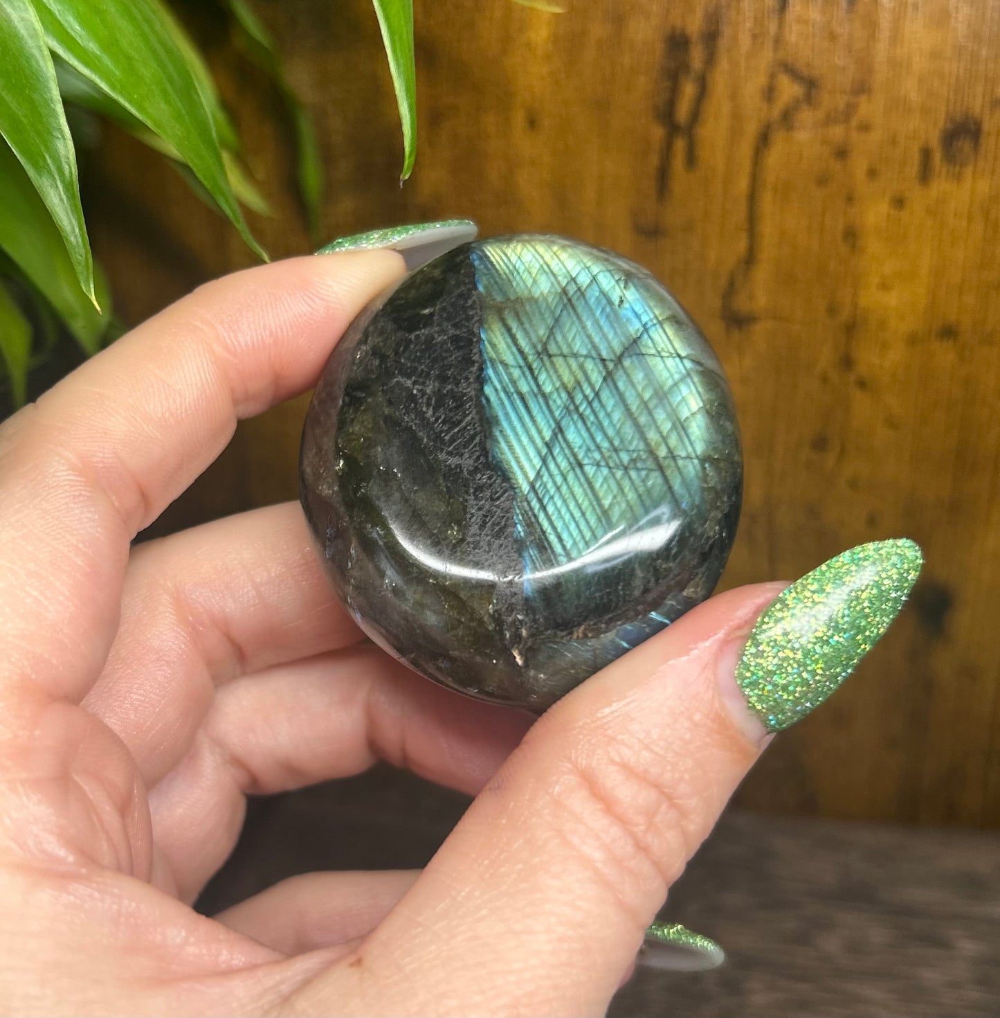 Labradorite Round Palm Stone With Blue/Green/Gold Flashes & Rainbows