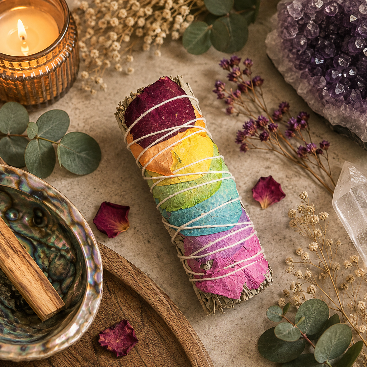 Californian White Sage with Chakra Rose Petals Smudge Stick