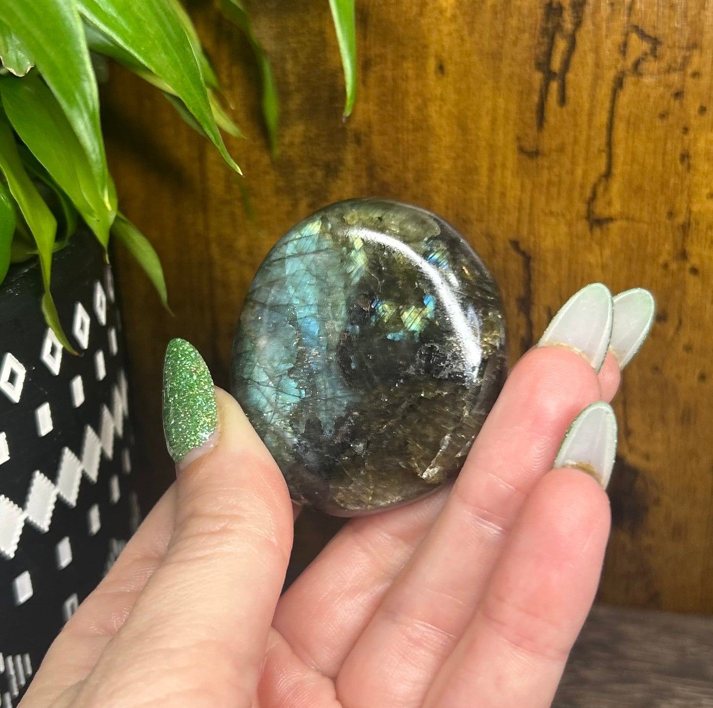 Labradorite Round Palm Stone With Blue/Green/Gold Flashes & Rainbows