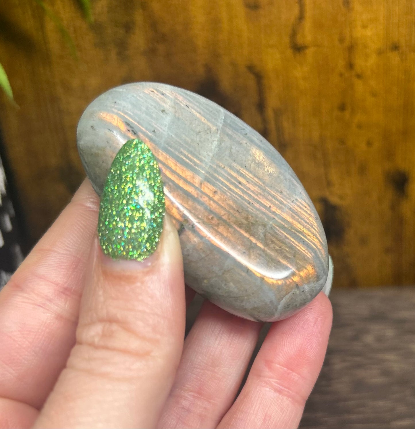 Labradorite Palm With Orange Flashy Stripes