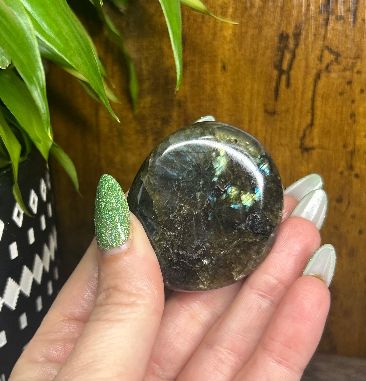 Labradorite Round Palm Stone With Blue/Green/Gold Flashes & Rainbows
