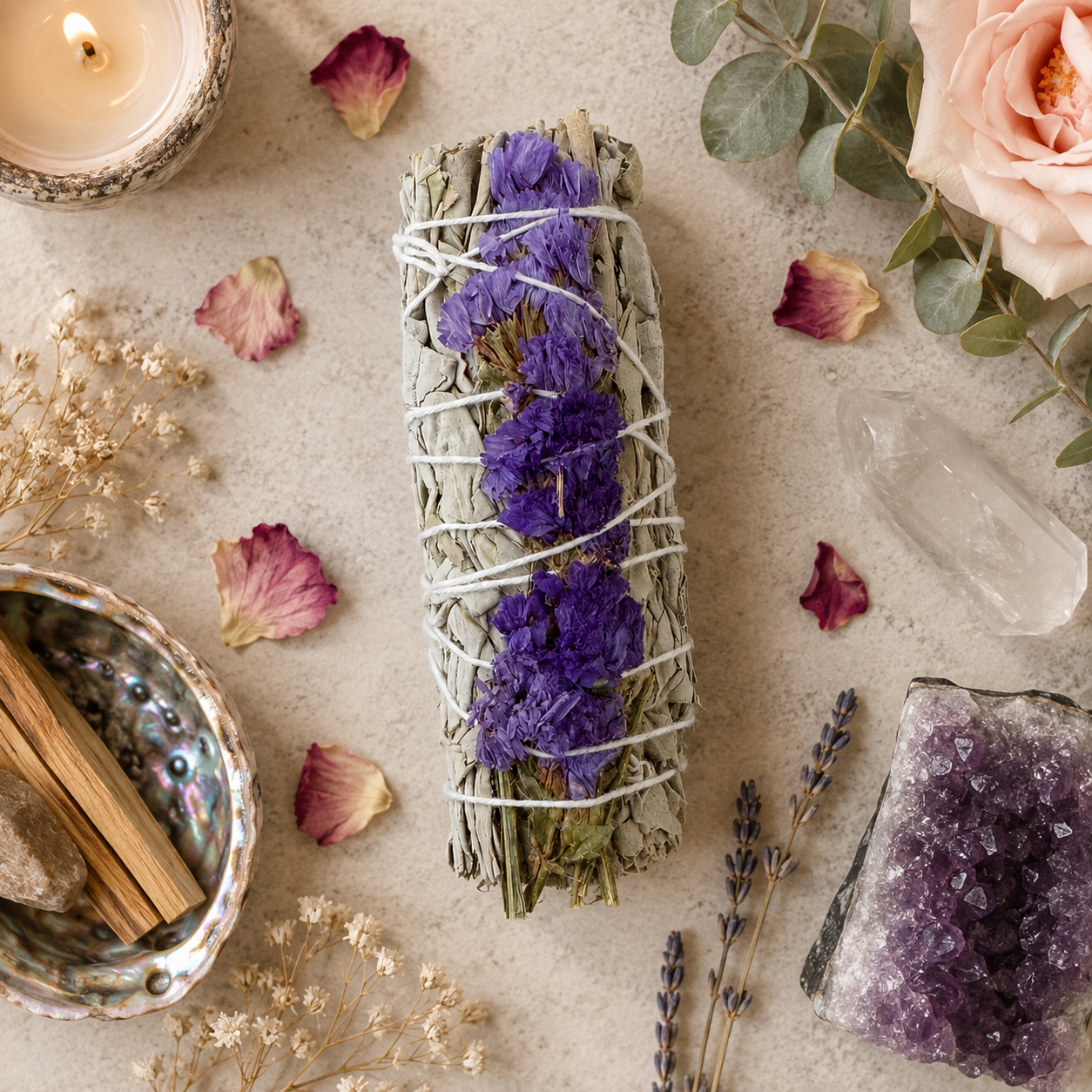 Californian White Sage & Purple Sinuata Flower Smudge Stick