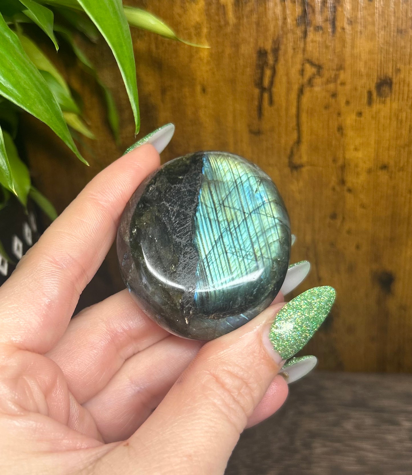 Labradorite Round Palm Stone With Blue/Green/Gold Flashes & Rainbows