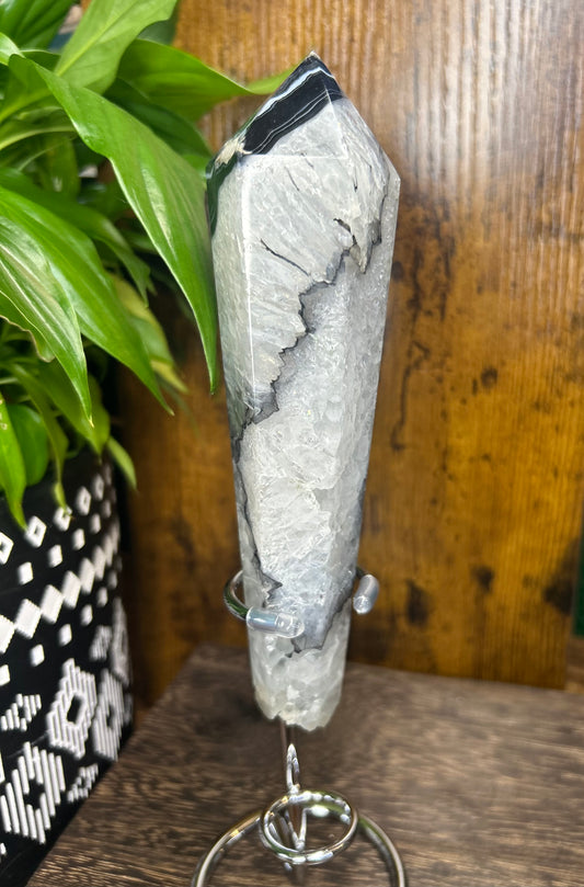 Black Agate Quartz Wand With Stand