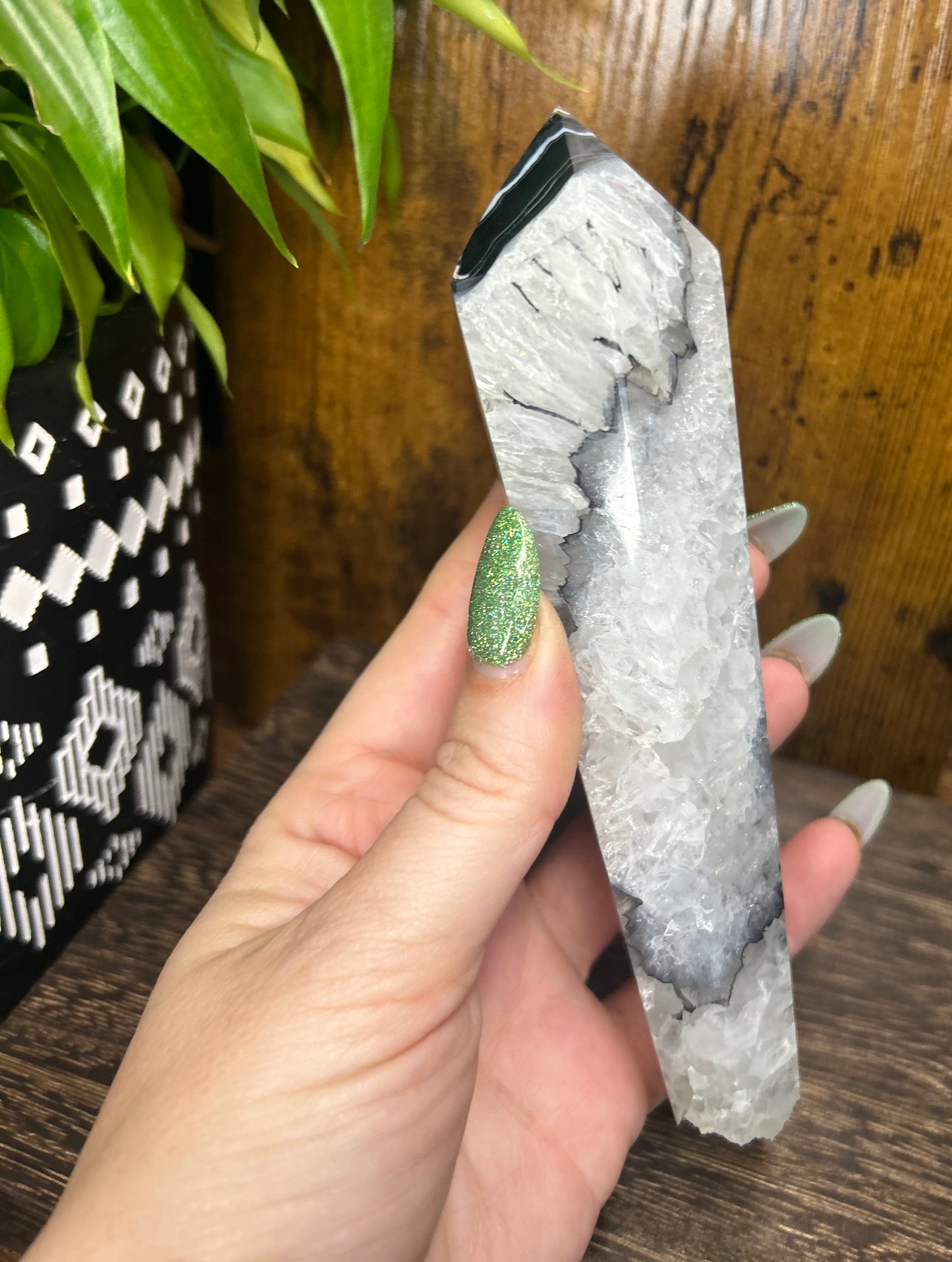 Black Agate Quartz Wand With Stand