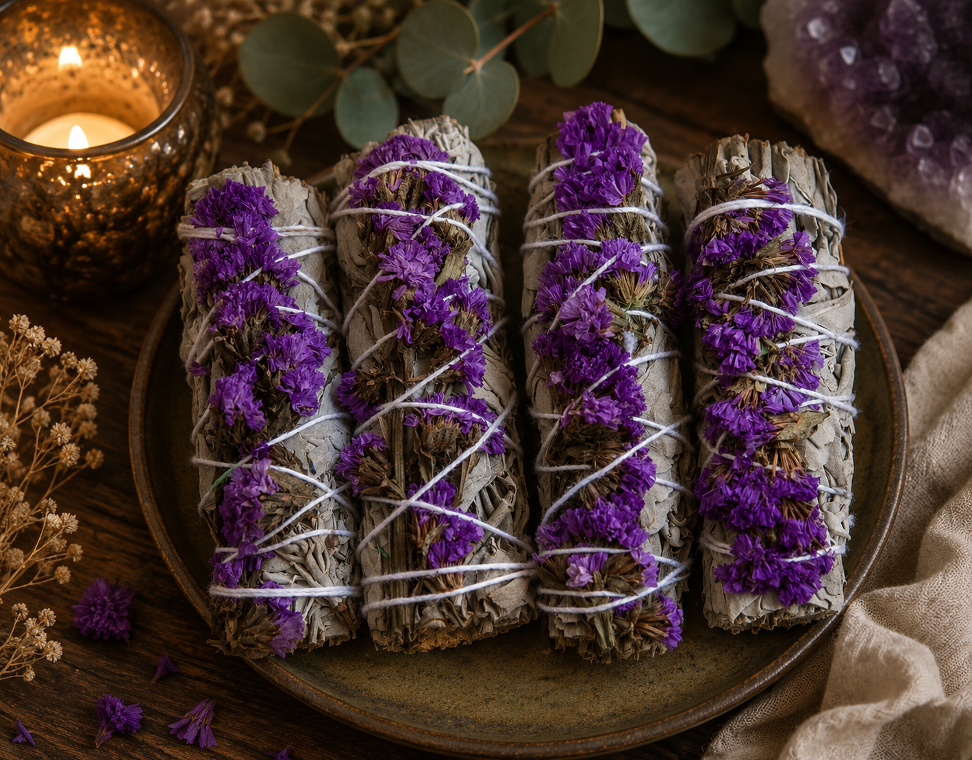 Californian White Sage & Purple Sinuata Flower Smudge Stick
