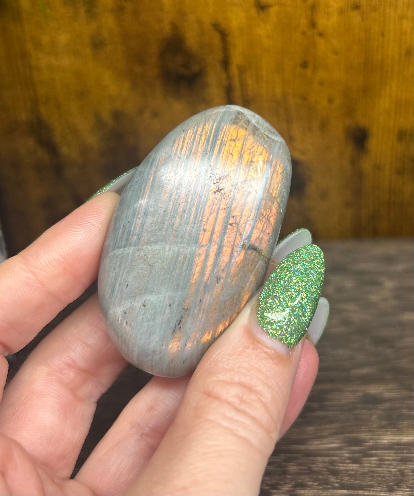 Labradorite Palm With Orange Flashy Stripes