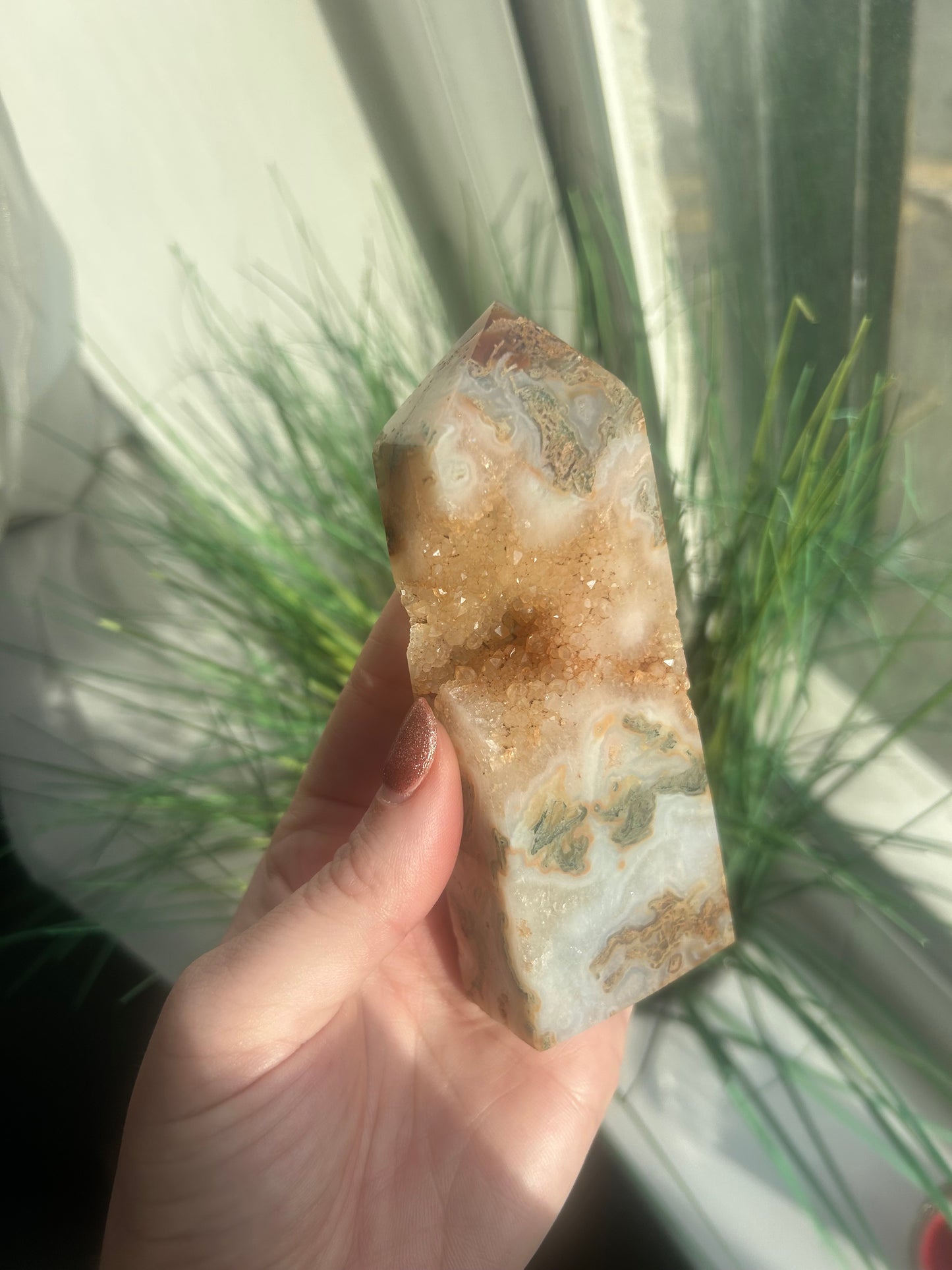 Moss Agate Druzy Tower 239g
