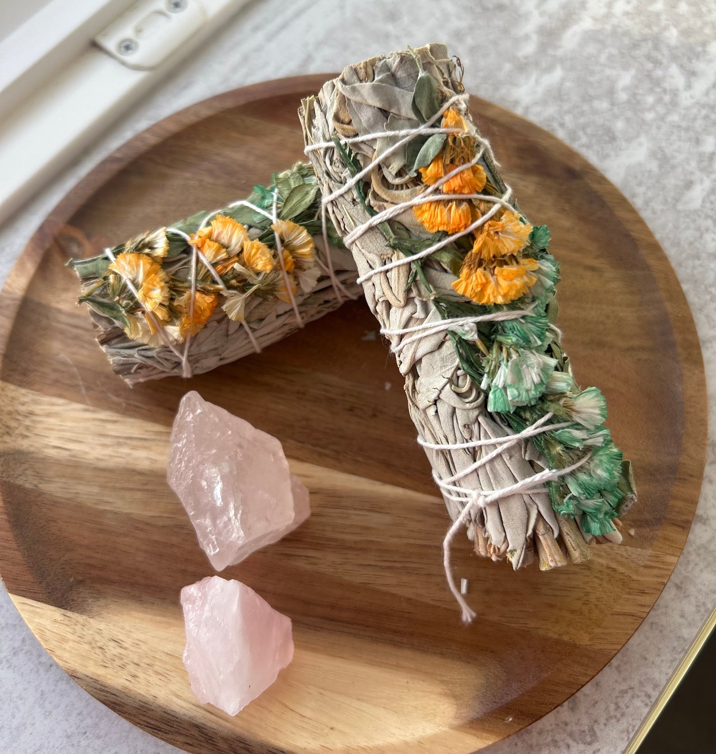 Orange and Green Sinuata and Eucalyptus & White Sage Smudge Stick