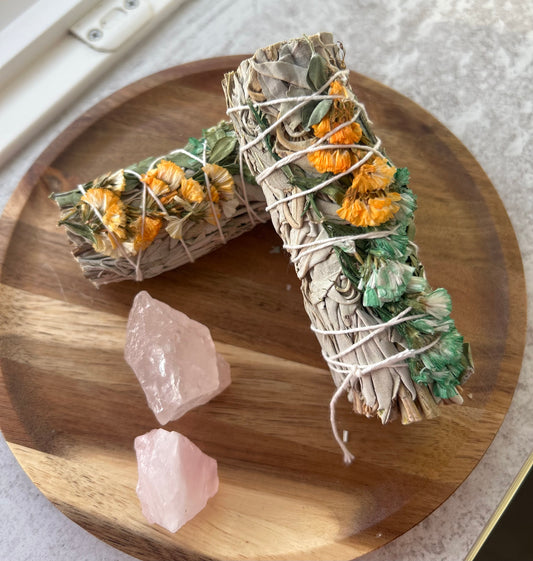 Orange and Green Sinuata and Eucalyptus & White Sage Smudge Stick