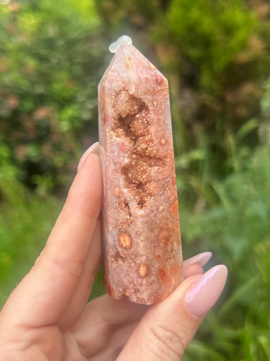 Pink Amethyst Flower Agate Druzy Crystal Tower