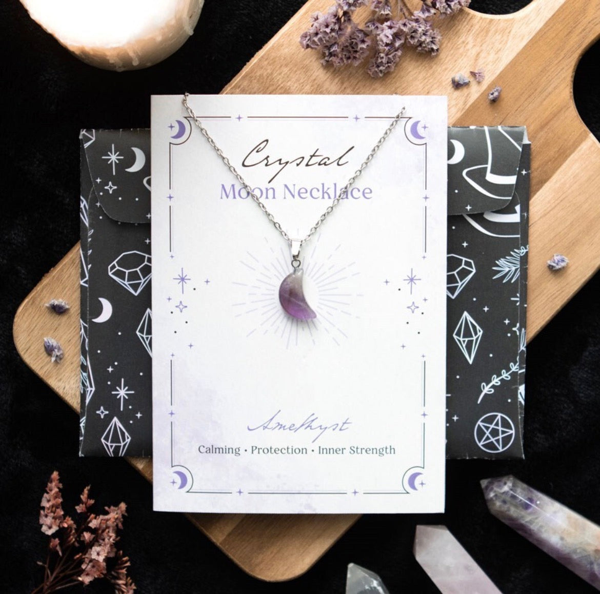 Amethyst Crystal Moon Necklace Greetings Card