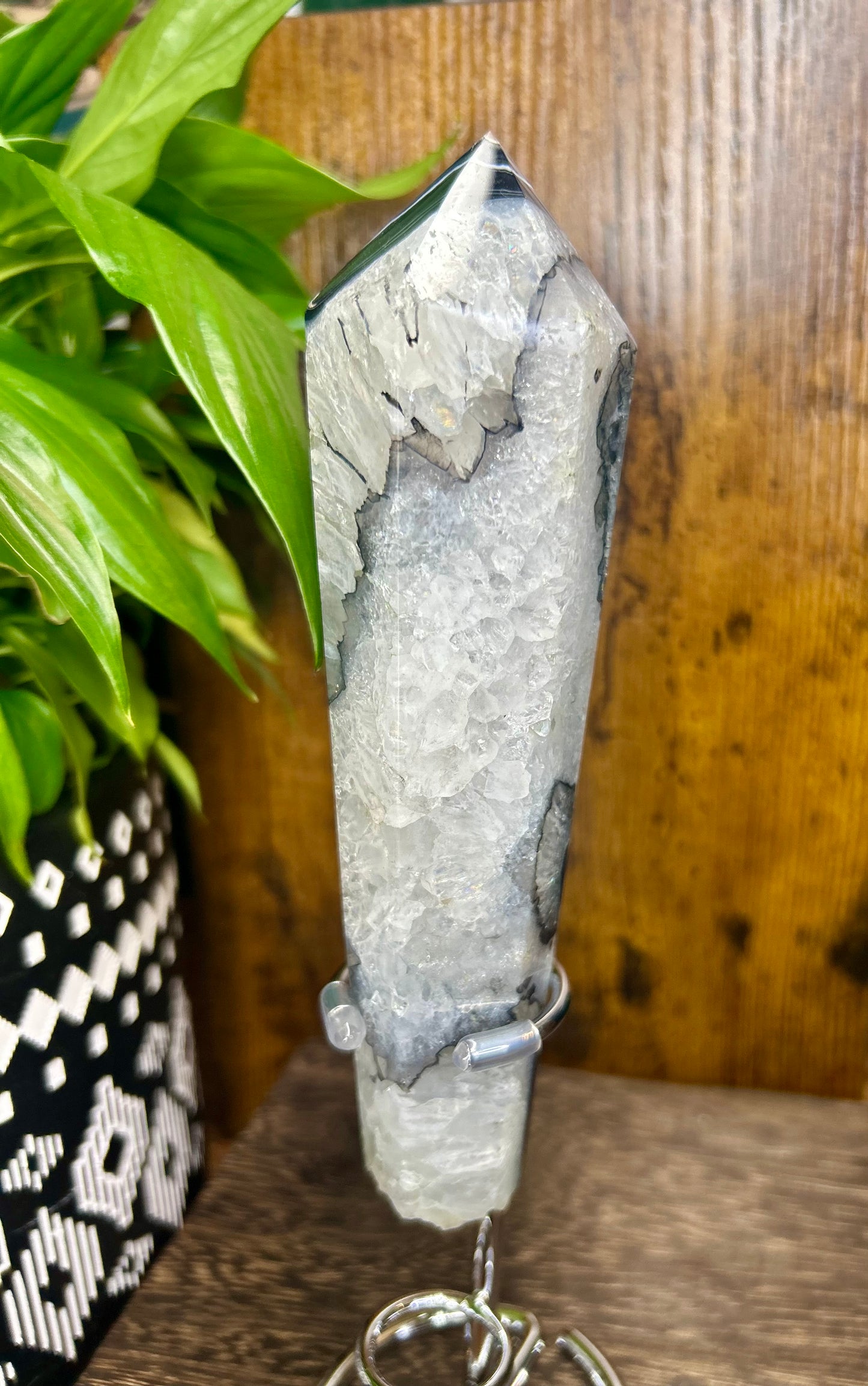 Black Agate Quartz Wand With Stand