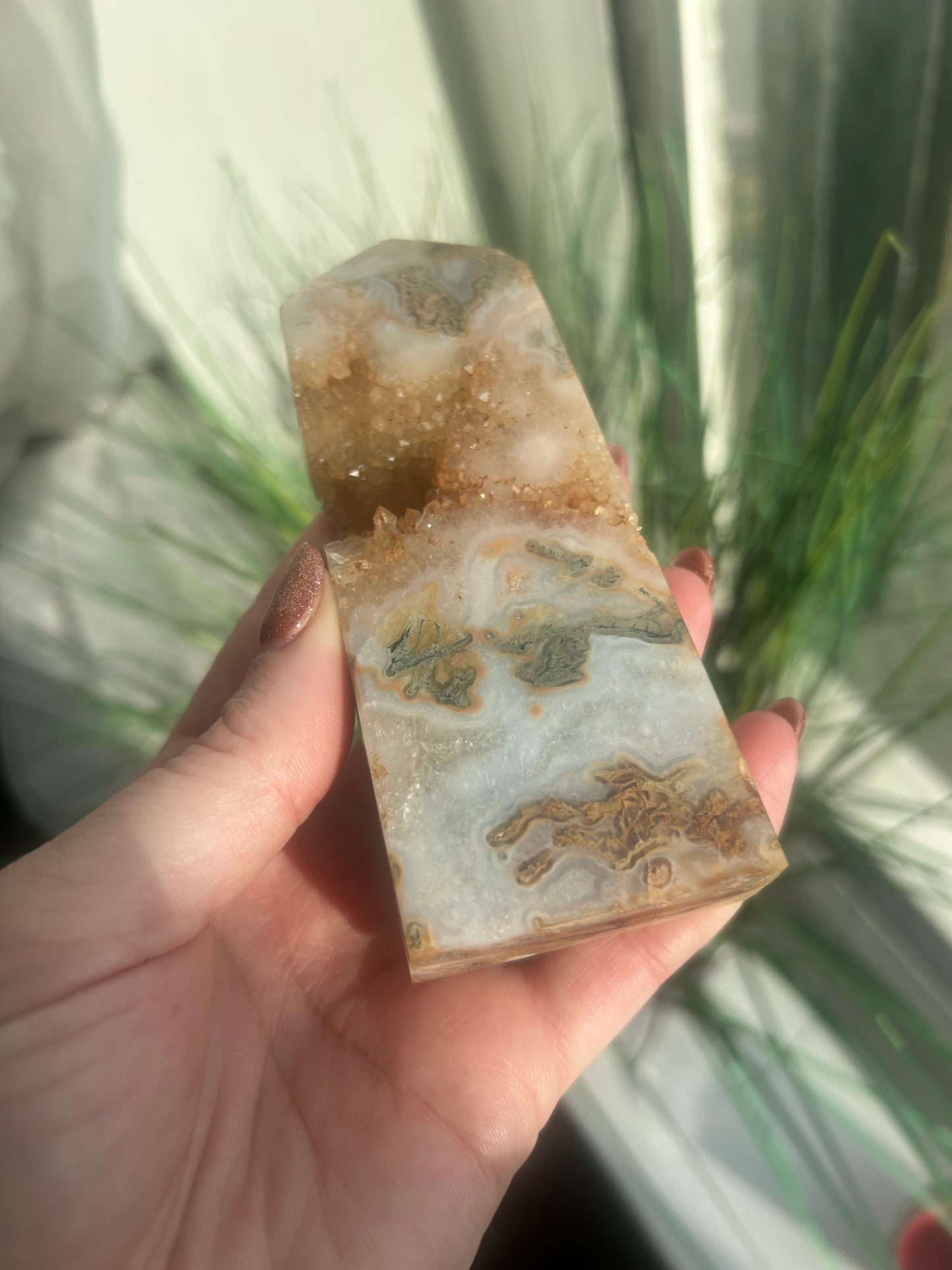Moss Agate Druzy Tower 239g