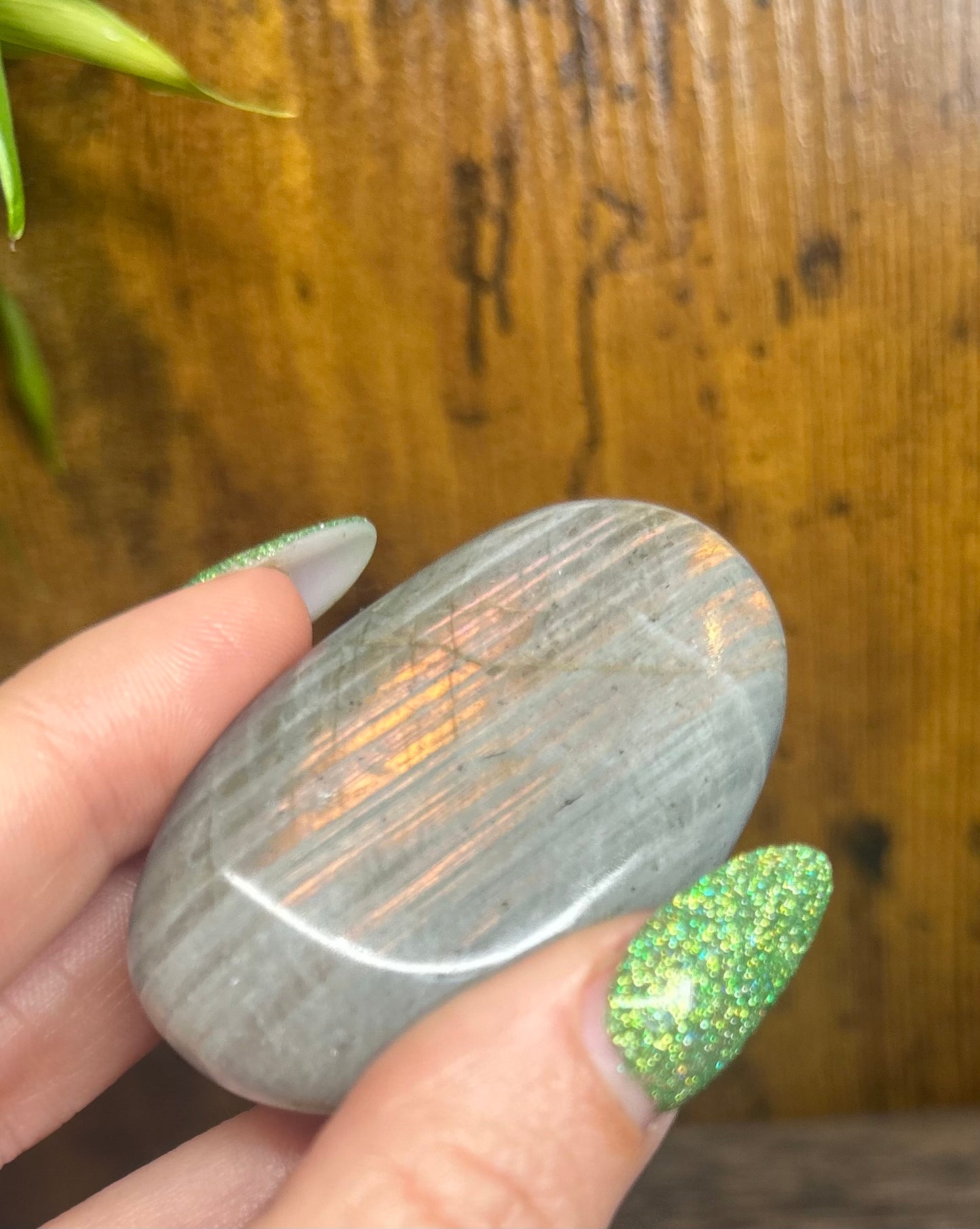 Labradorite Palm With Orange Flashy Stripes