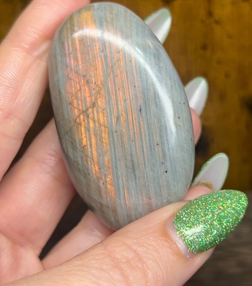 Labradorite Palm With Orange Flashy Stripes