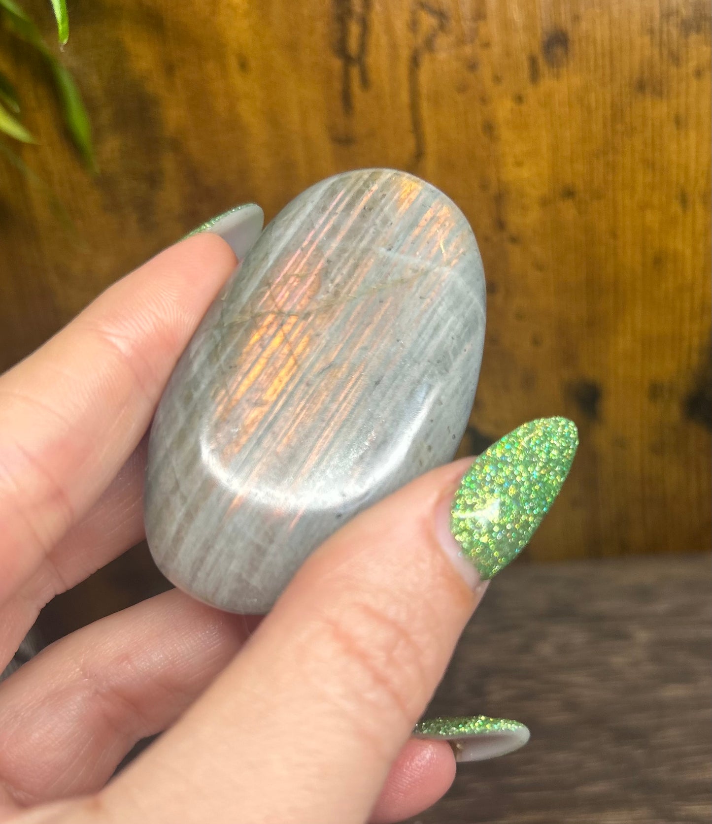 Labradorite Palm With Orange Flashy Stripes