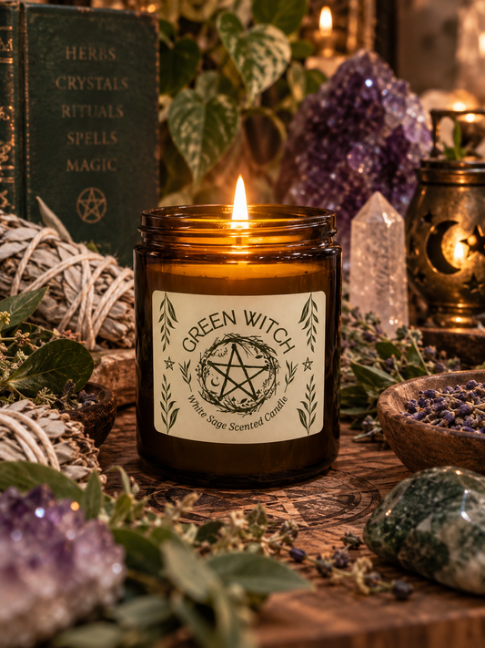 Green Witch White Sage Amber Glass Candle