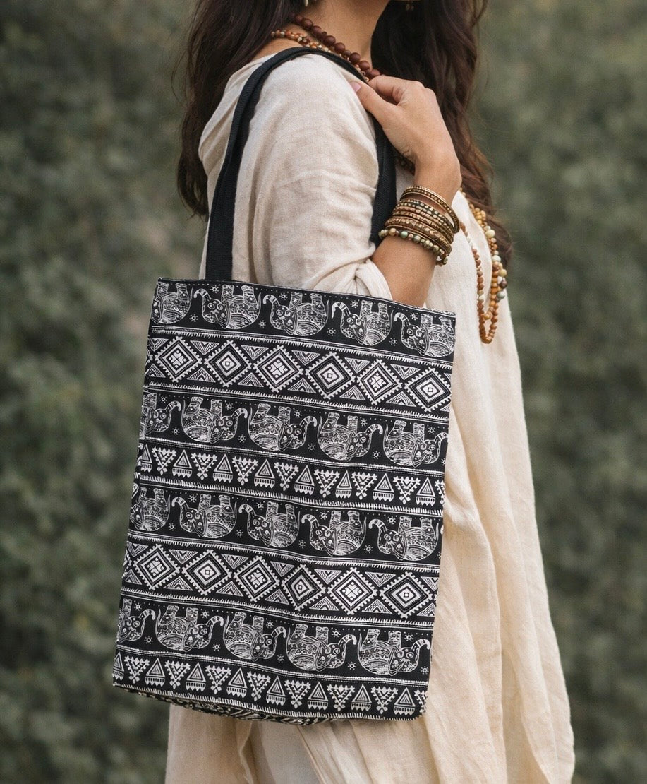 Classic Tote Zipper Bag Elephants Motiff