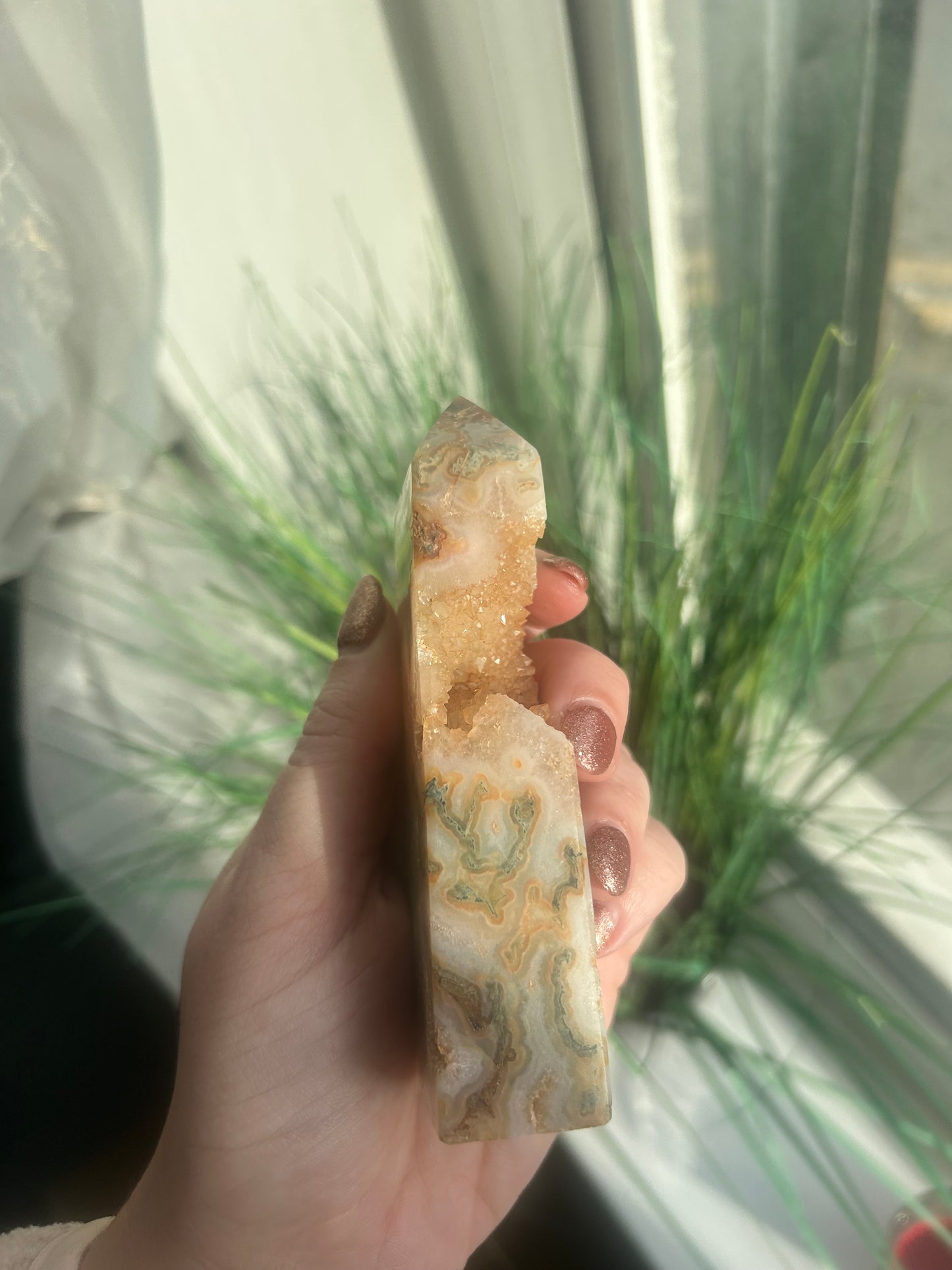 Moss Agate Druzy Tower 239g