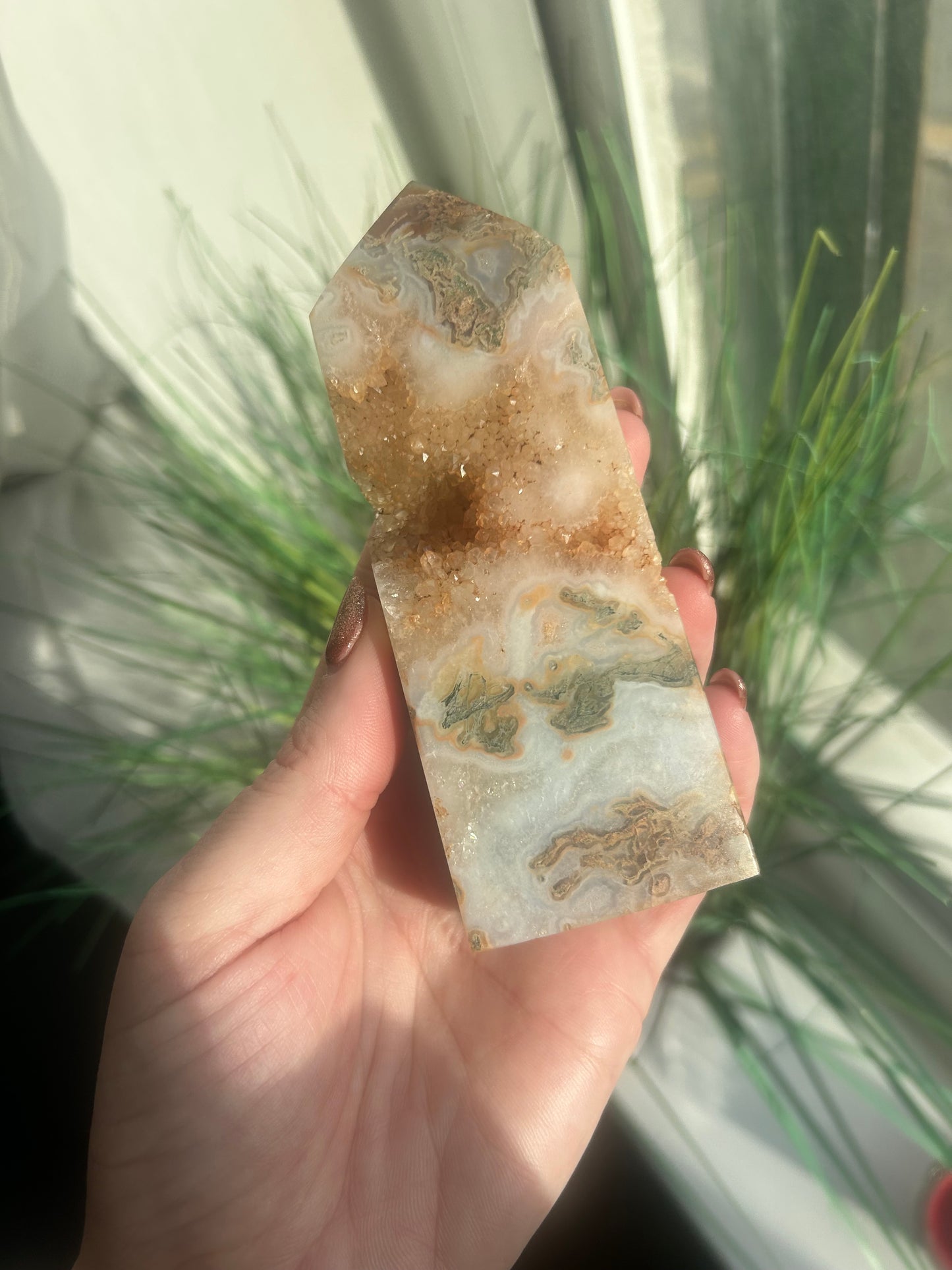 Moss Agate Druzy Tower 239g