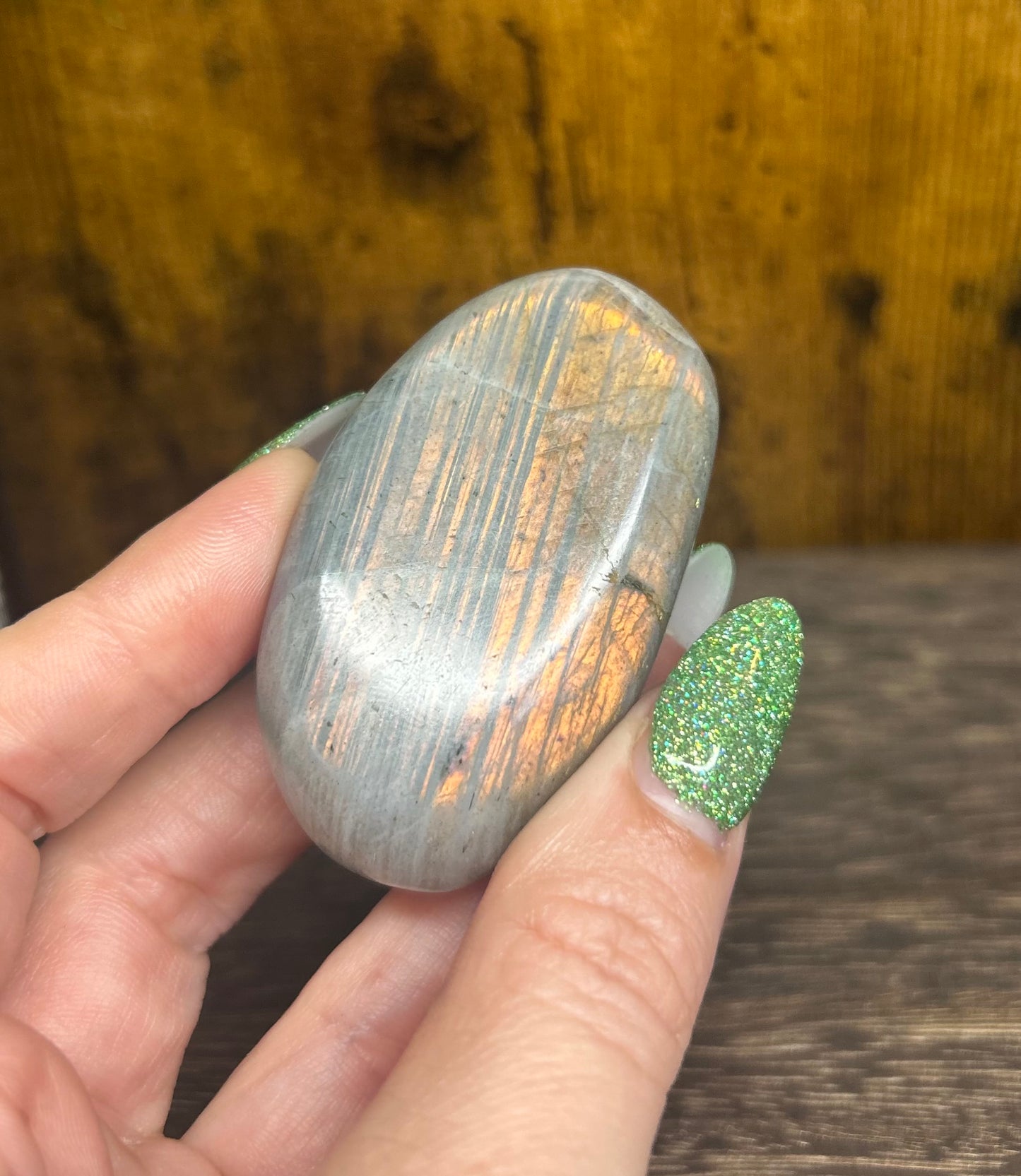 Labradorite Palm With Orange Flashy Stripes